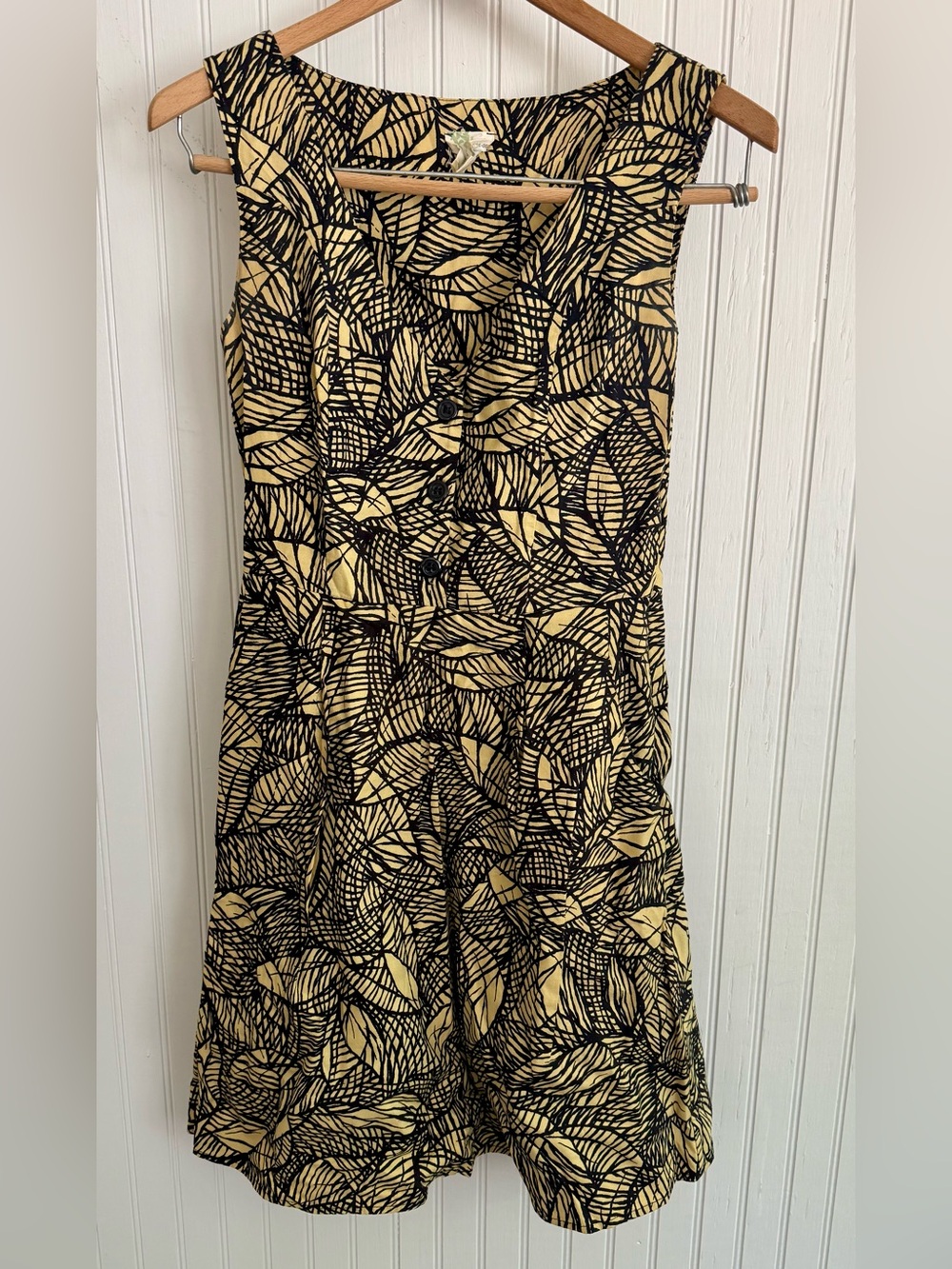 Anthropologie Cotton Fall Mini Dress with Black and Tan Leaf-Print